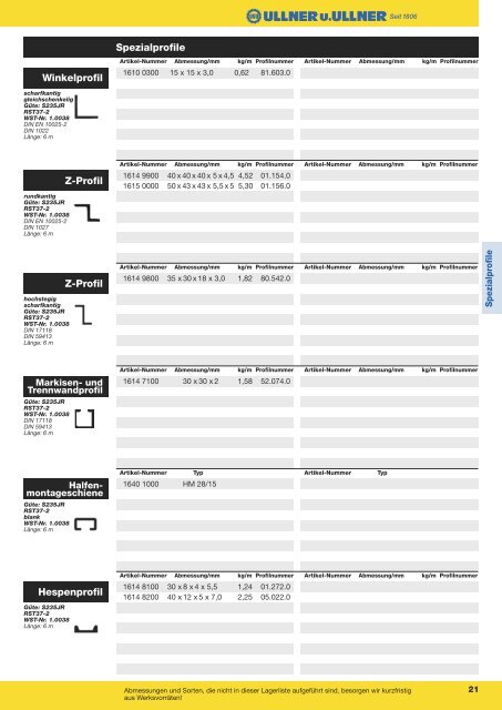Lagerliste Stahl - Ullner u. Ullner