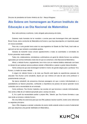 Ato Solene em homenagem ao Kumon Instituto de Educação e ao ...