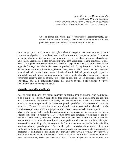 Isabel Cristina de Moura Carvalho Psicóloga e Dra. em Educação ...