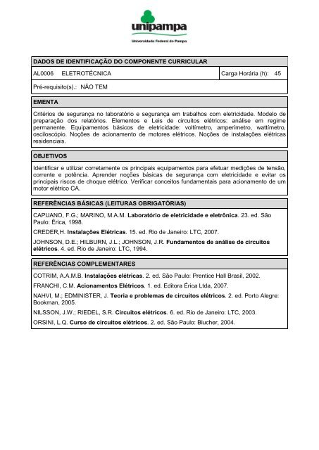 PPC do Curso de Engenharia Elétrica - UNIPAMPA Cursos