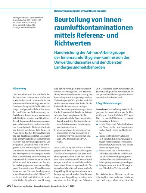 Beurteilung von Innenraumluftkontaminationen mittels Referenz