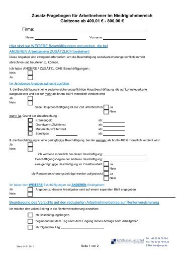 Firma: Zusatz-Fragebogen für Arbeitnehmer im Niedriglohnbereich ...