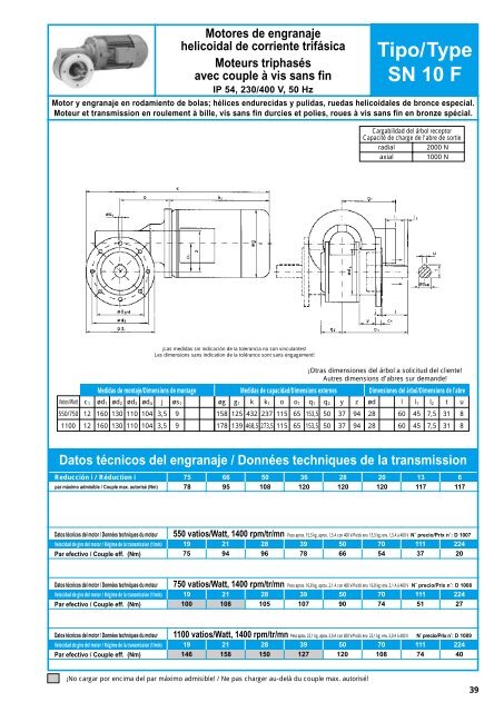 Datos técnicos del engranaje / Données techniques de la transmission