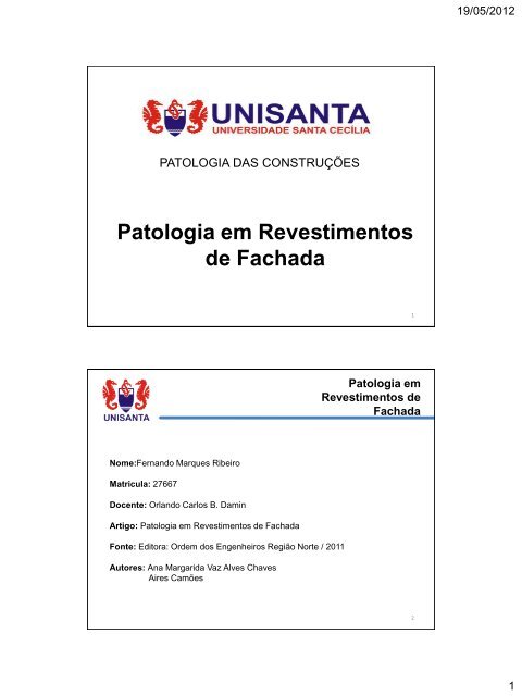 Patologia em Revestimentos de Fachada - Universidade Santa Cecília