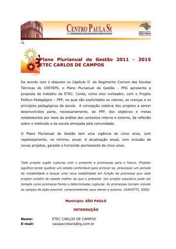 Plano Plurianual de Gestão 2011 - ETE Carlos de Campos