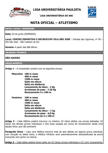 NOTA OFICIAL – ATLETISMO - Liga Esportiva Universitária Paulista