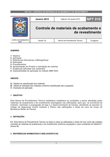 NPT 010-11 - Controle de materiais de acabamento e de revestimento