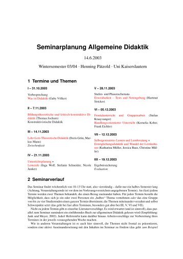 Seminarplanung Allgemeine Didaktik - Universität Kaiserslautern