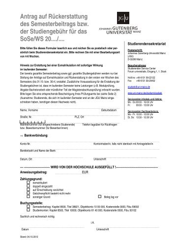 Antrag auf Rückerstattung - Johannes Gutenberg-Universität Mainz
