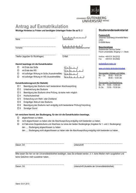 Antrag Auf Exmatrikulation Johannes Gutenberg Universitat Mainz