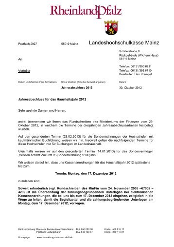Jahresabschlussschreiben der LHSK vom 30.10.2012