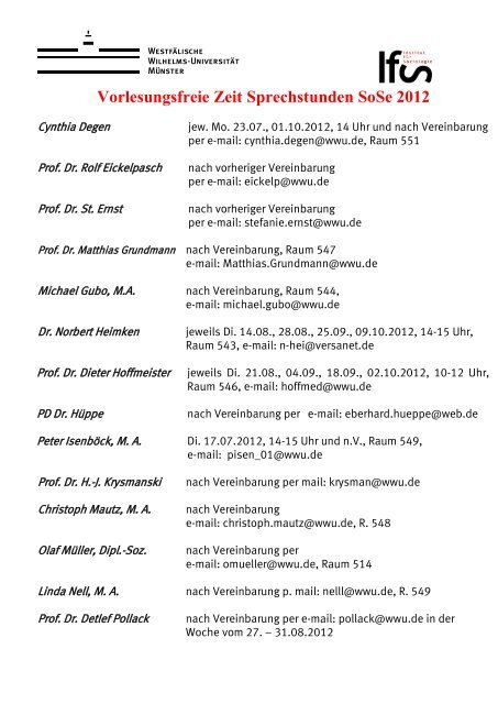 Vorlesungsfreie Zeit Sprechstunden SoSe 2012