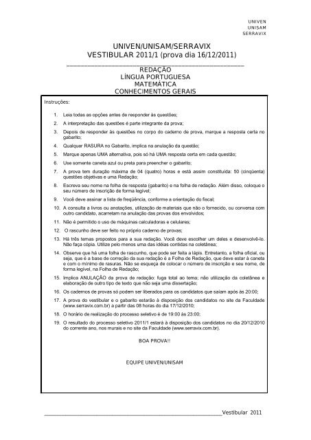 Caderno de provas - Serravix - Faculdade do Grupo Univix