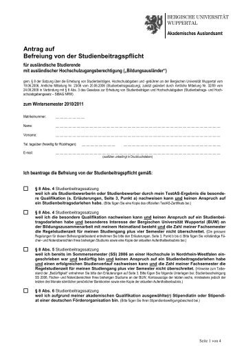 Antrag Beitragsbefreiung ausl. Studierende - Bergische Universität ...