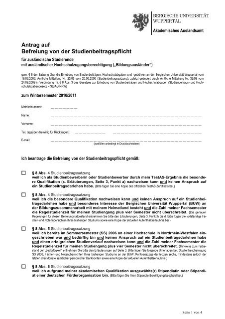 Antrag Beitragsbefreiung ausl. Studierende - Bergische Universität ...