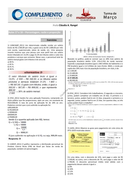Porcentagem, razão e proporção Profa Cláudia A. Rangel