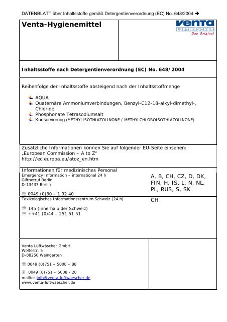 Venta-Hygienemittel - Venta-Luftwäscher AG