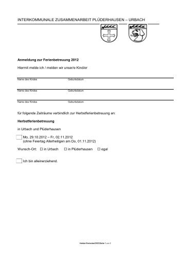 Anmeldung Herbst-Ferienbetreuung 2012 - Gemeinde Urbach