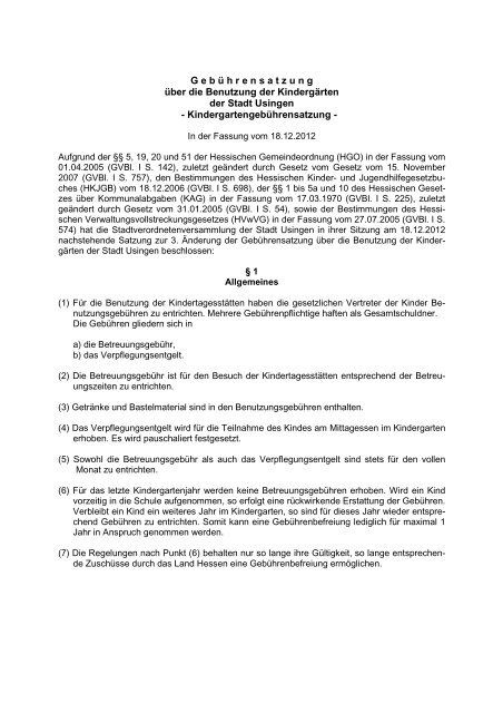 Kindergartengebuehrensatzung mit 3. Aenderung - Stadt Usingen