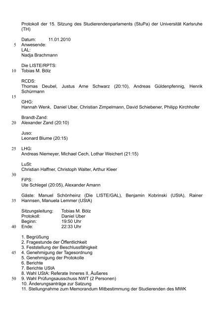 Protokoll der 15. Sitzung des Studierendenparlaments (StuPa) - UStA