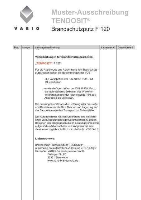 Muster Ausschreibung Tendosit Vario Brandschutz De Muster Ausschreibung Tendosit Vario Brandschutz De