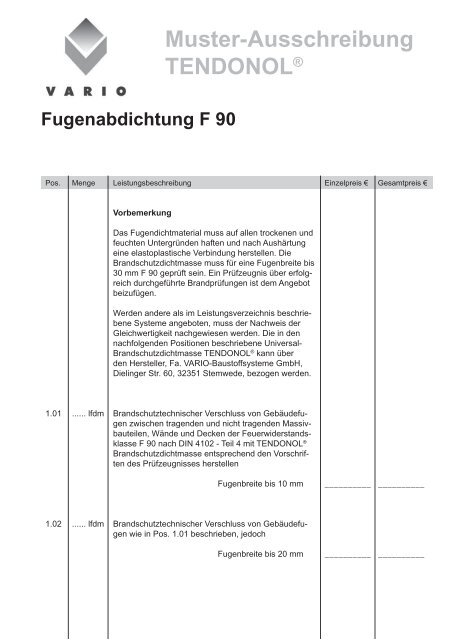 Muster Ausschreibung Tendonol Vario Brandschutz De