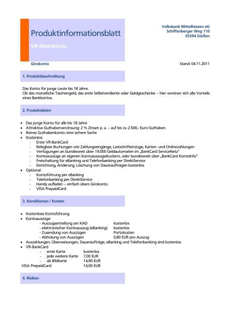 Produktinformationsblatt Volksbank Mittelhessen