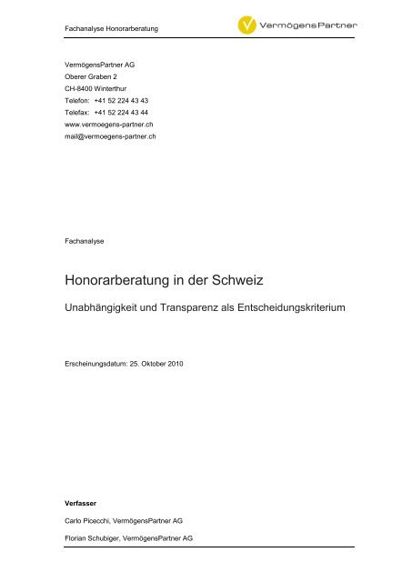 Honorarberatung in der Schweiz - VermögensPartner AG