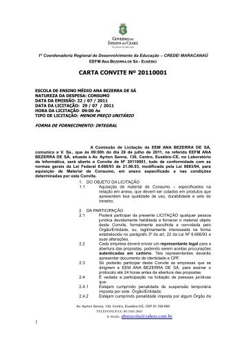 CARTA CONVITE Nº 20110001 - SEPLAG - Sistema de Divulgação ...