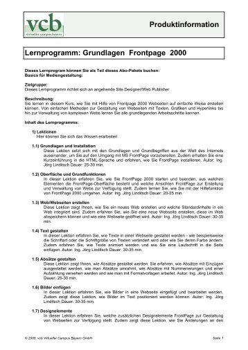 Produktinformation Lernprogramm: Grundlagen  Frontpage 2000