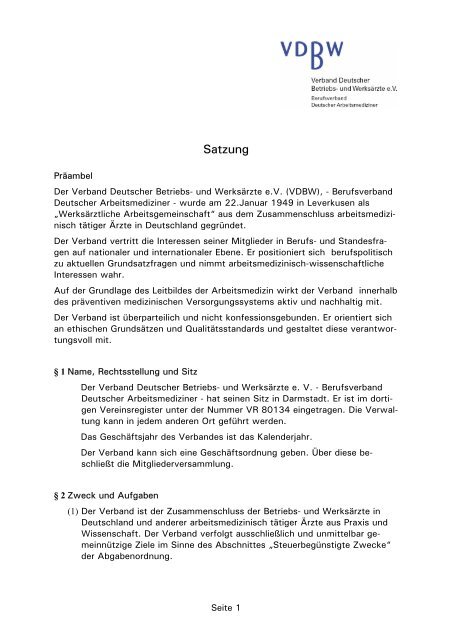 Satzung VDBW - Verband Deutscher Betriebs- und Werksärzte e.V.