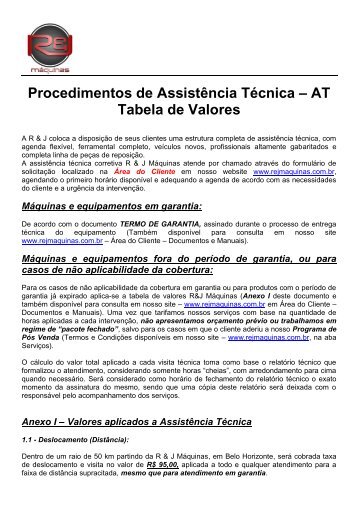 Procedimentos de Assistência Técnica – AT Tabela ... - R&J Máquinas