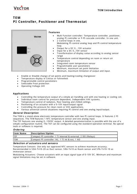 TEM PI Controller, Positioner and Thermostat - Vector Controls Group