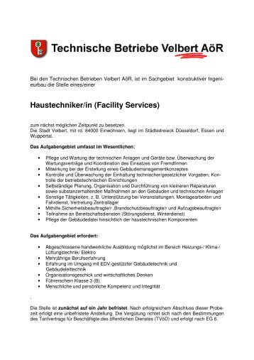 Haustechniker/in (Facility Services) - Stadt Velbert