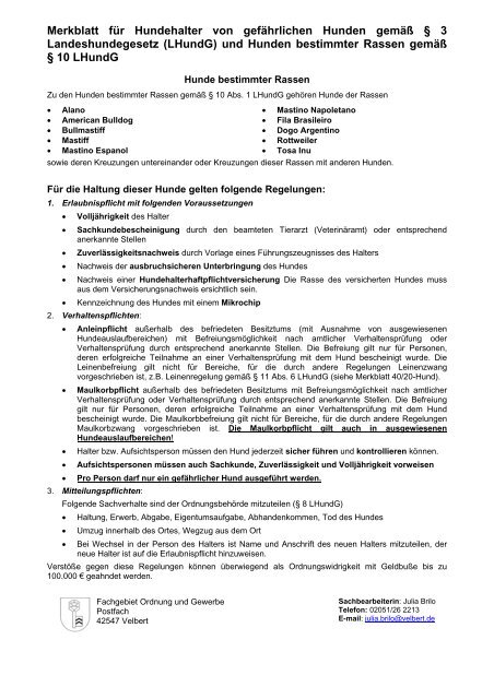 Merkblatt für Hundehalter von Hunden gemäß § 11 ... - Stadt Velbert