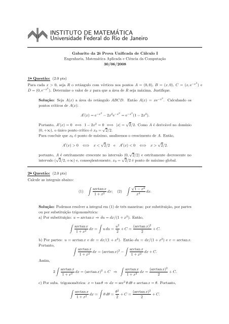 Prova e o gabarito - Instituto de Matemática - UFRJ