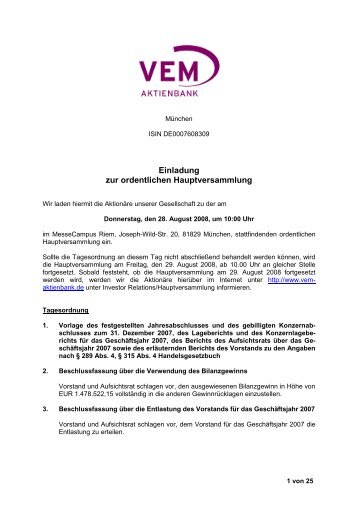 Einladung zur ordentlichen Hauptversammlung - VEM Aktienbank AG