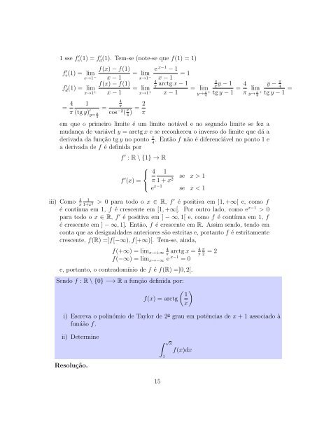 Exercícios de Cálculo Integral e Diferencial I