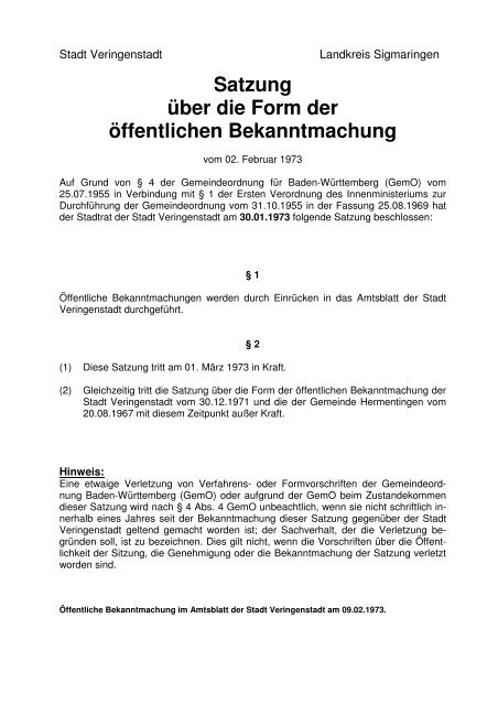 Bekanntmachungssatzung - Veringenstadt