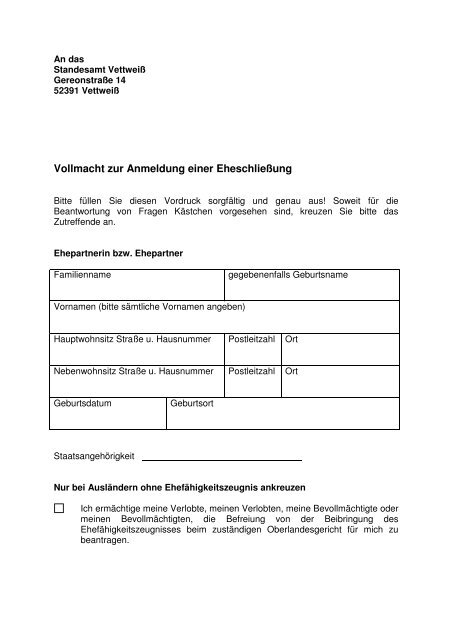 Vollmacht zur Anmeldung einer Eheschließung