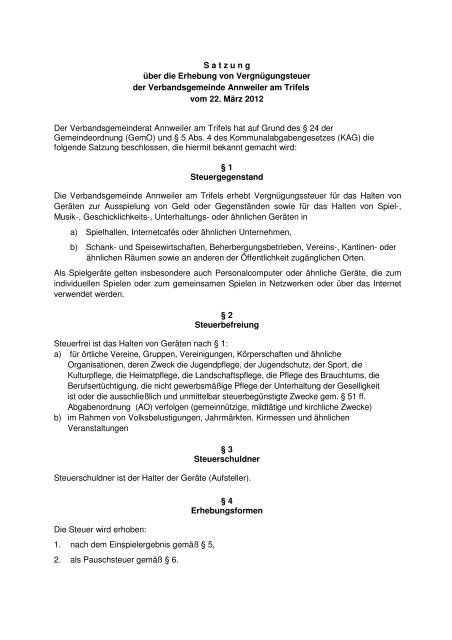 Vergnügungssteuersatzung - Verbandsgemeinde Annweiler am Trifels