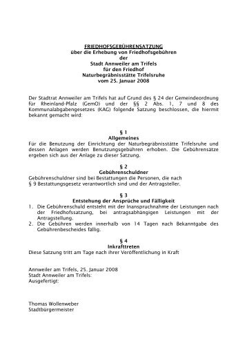 Annweiler Friedhofsgebührensatzung Naturbegräbnisstätte Trifelsruhe