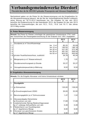 Tarifübersicht Wasser und Abwasser 2012, 2013 - VG Dierdorf