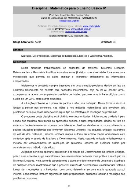 Disciplina: Matemática para o Ensino Básico IV - UFPB Virtual