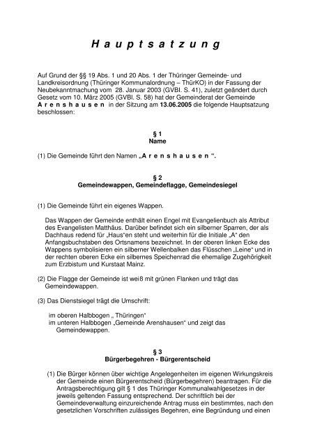 Hauptsatzung Arenshausen 2005 - VG Hanstein-Rusteberg