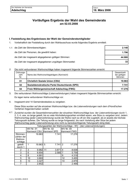 Vorläufiges Ergebnis der Wahl des Gemeinderats - VG Nassenfels