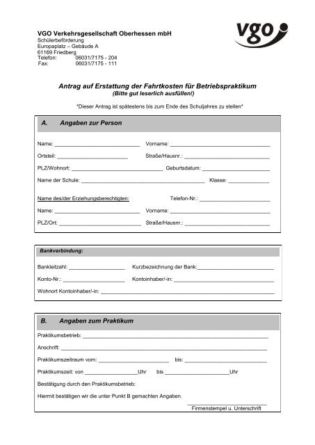 Antrag auf Erstattung der Fahrtkosten für Betriebspraktikum - VGO