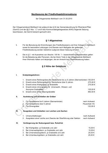 Neufassung der Friedhofsgebuehrensatzung Mehlbach