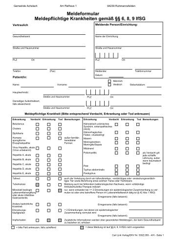 Meldeformular Meldepflichtige Krankheiten gemäß §§ 6, 8, 9 IfSG