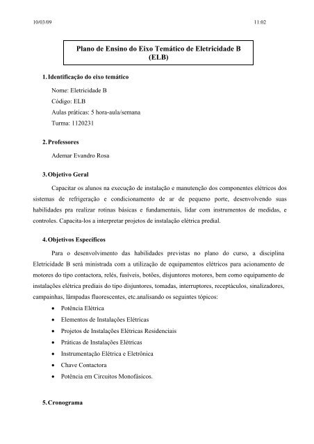 Plano de Ensino do Eixo Temático de Eletricidade ... - IF-SC São José